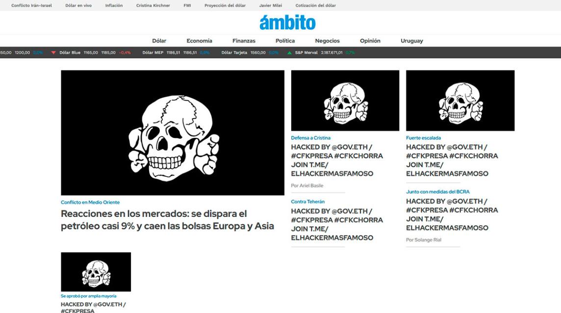 Hackearon la web del diario Ámbito con alusiones a la condena contra Cristina Kirchner